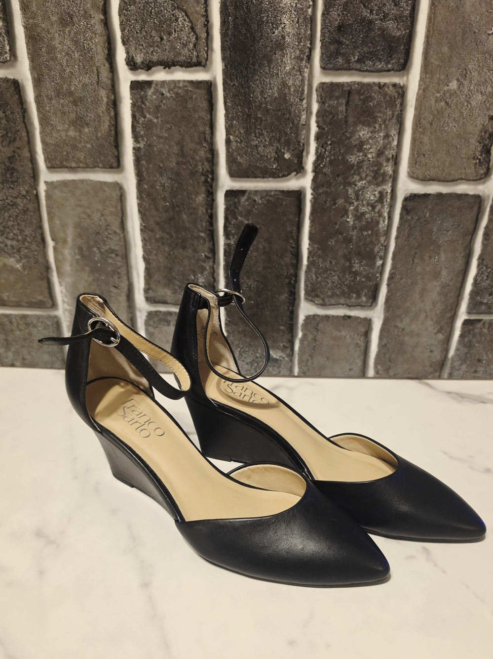 Franco Sarto Black Pointed-Toe Ankle-Strap Wedges